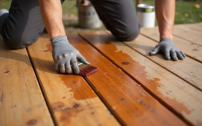Deck wood staining with brush application showing rich color penetration