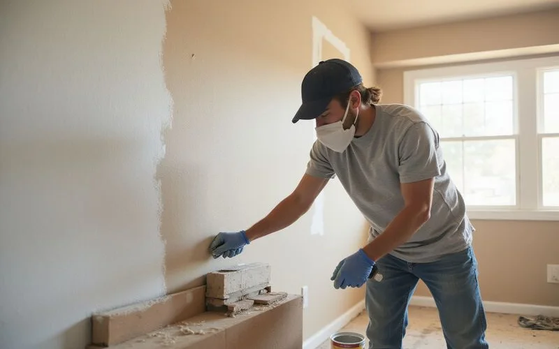 Interior surface preparation with sanding and priming before painting