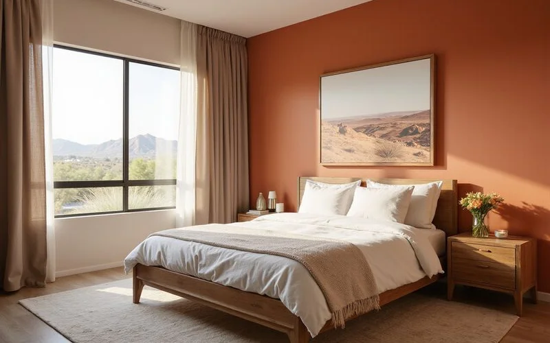 Modern Phoenix bedroom painted in soft terracotta with natural wood furniture and desert-inspired artwork on the walls