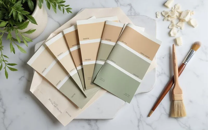 Paint color fan deck spread showing warm neutrals and earthy greens laid out on a marble countertop for selection