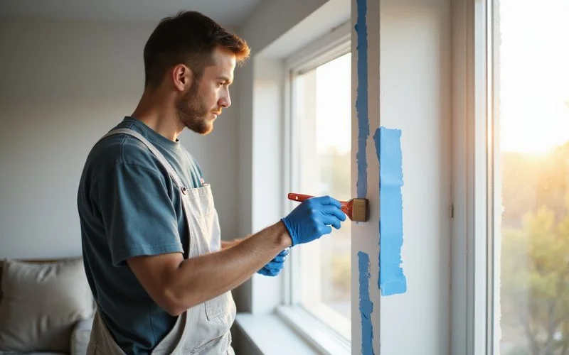 Professional painter carefully cutting in paint around a window frame in a bright Phoenix bedroom