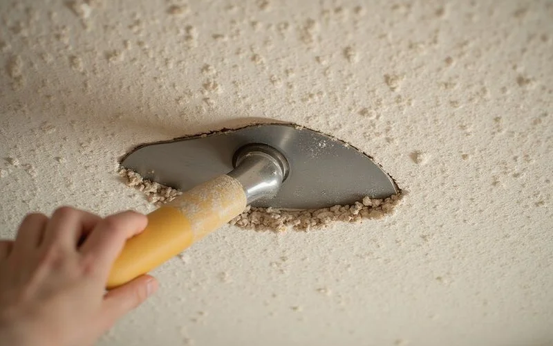 Popcorn ceiling being scraped off revealing smooth drywall underneath