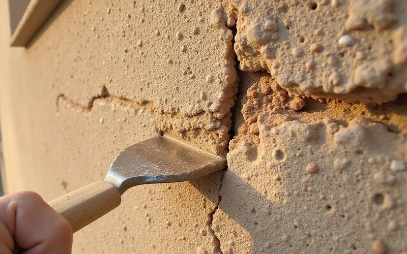 Close-up of stucco crack repair and texture matching on Arizona home