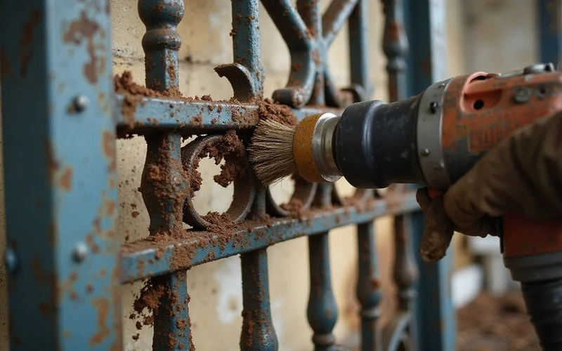 Wrought iron gate rust removal and wire brushing before painting